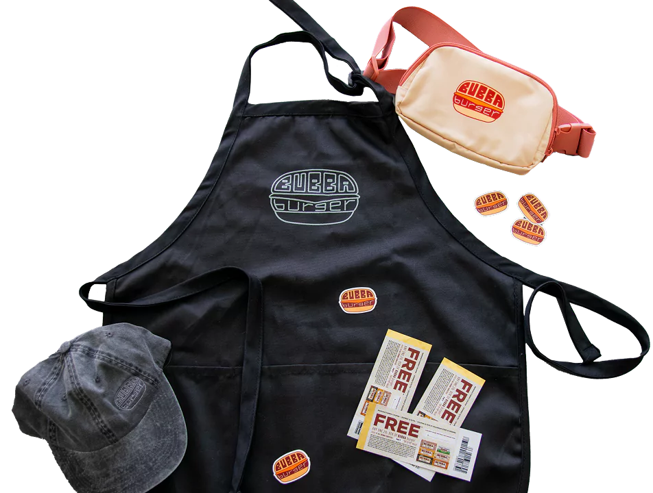 Composite image of an apron, coupons, stickers and a hat