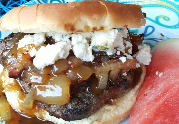 Onion Bacon Jam Burger with Blue Cheese