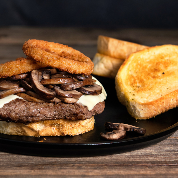 Easy Swiss Angus Burger with Mushrooms and Onion Rings