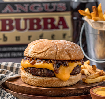 Angus BUBBA burger with Sweet Onion Jam & Creamy Cheese Sauce