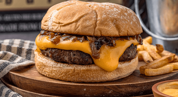 Angus BUBBA burger with Sweet Onion Jam & Creamy Cheese Sauce