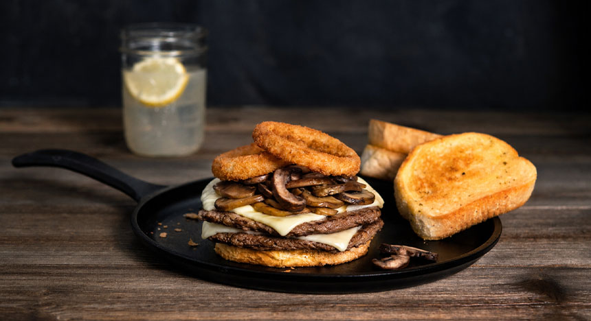 mushroom and Swiss BUBBA burger stack